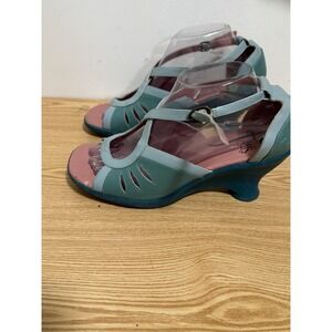 John Fluevog Friends Rosita Sky Turquoise Wedge Heel Sandals Women Sz 10